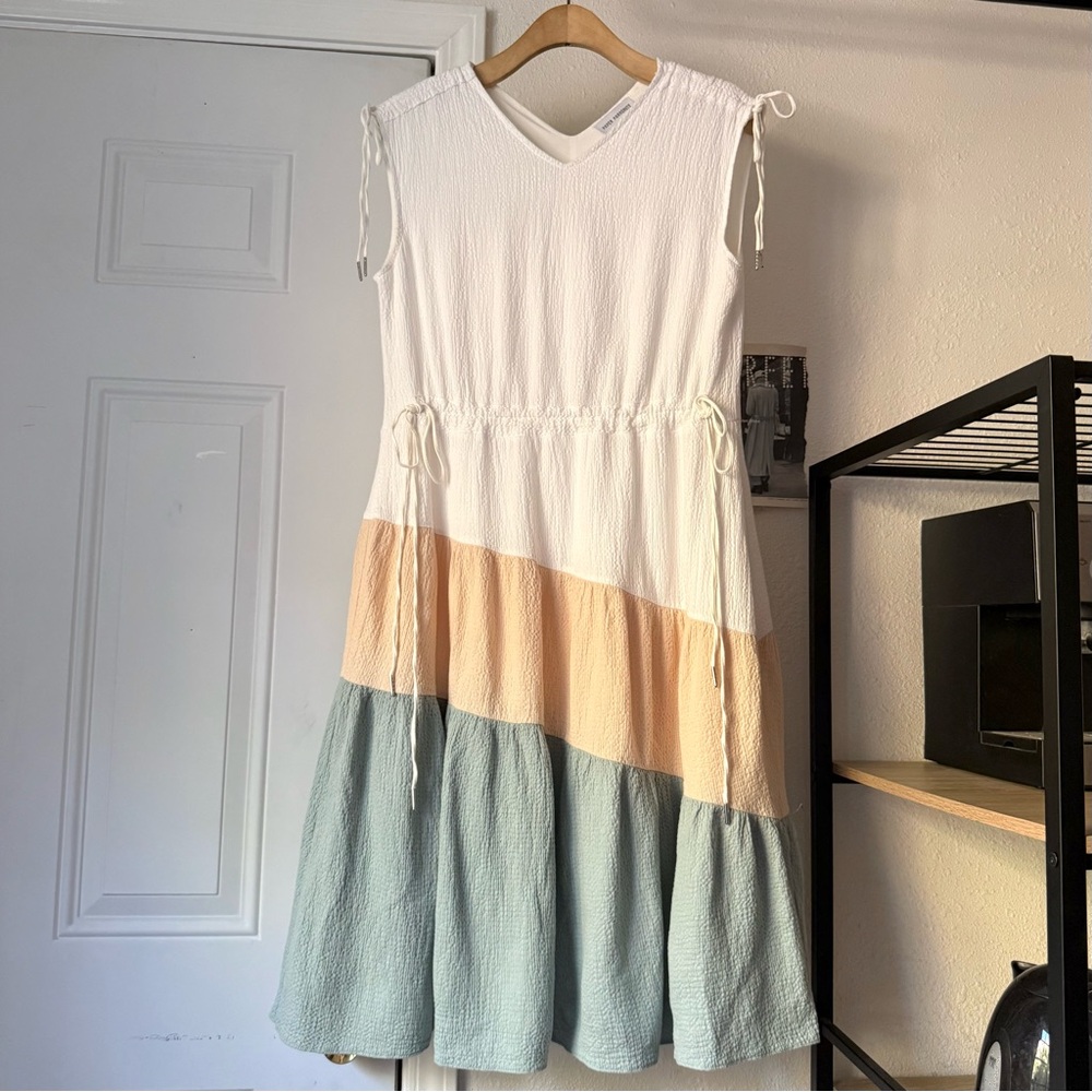 PAPER PARACHUTE white peach sage color block striped sleeveless v-neck midi